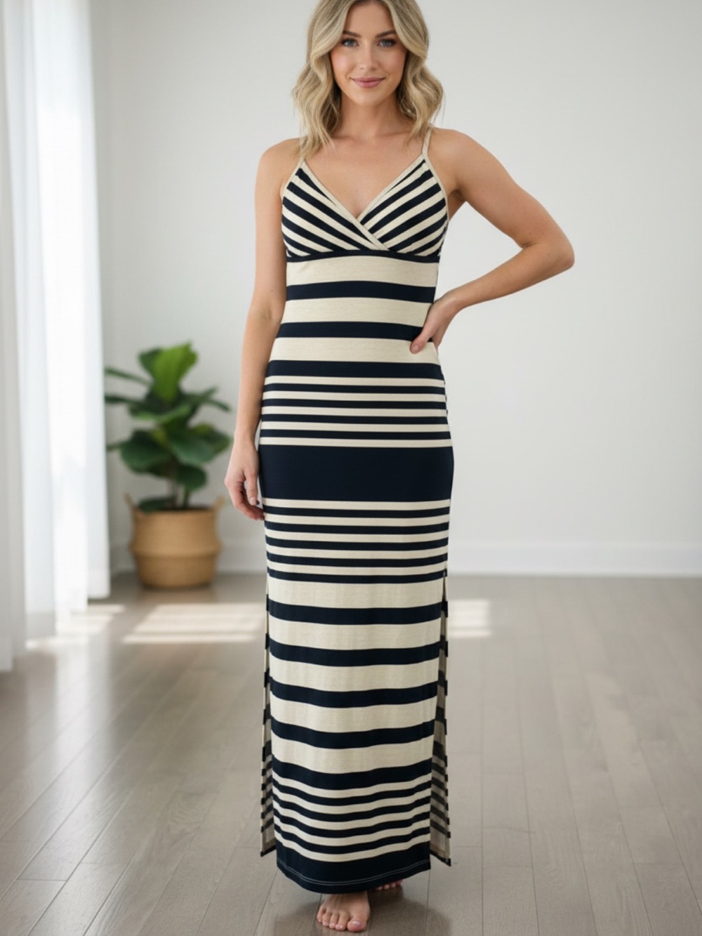 Razzle Dazzle Blue Striped Cut Out Slit Maxi Dress S - Picture 2 of 16